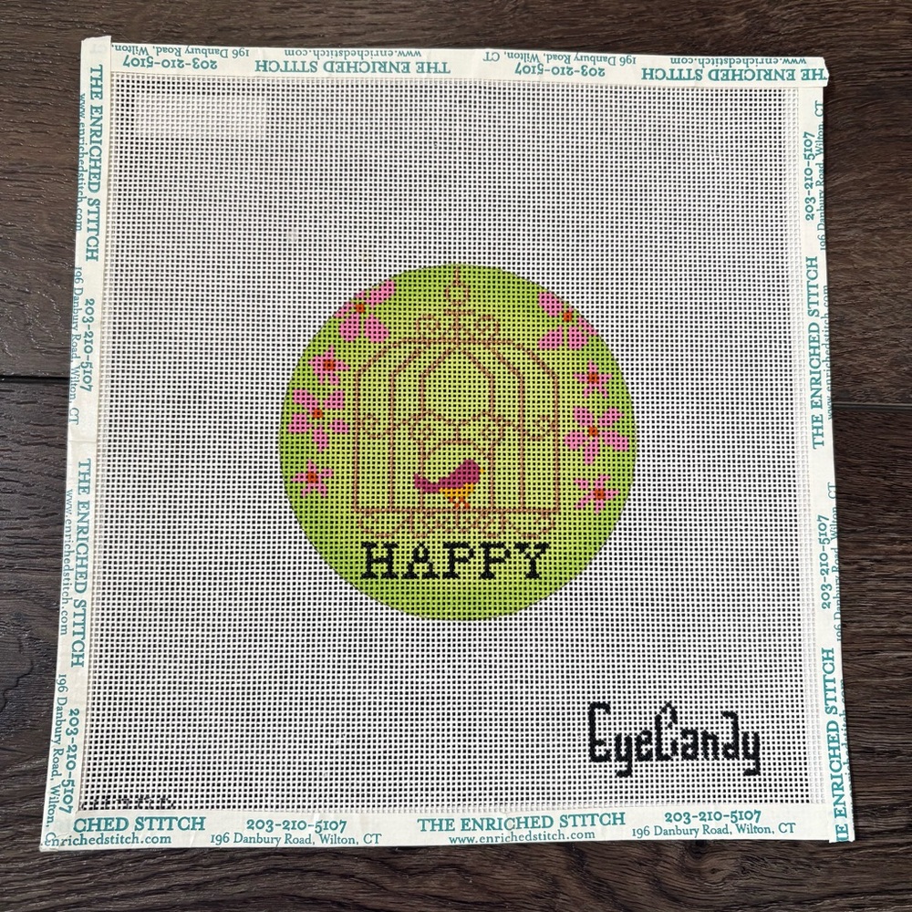 EyeCandy Needlepoint Canvas Happy with Bird Design 18 mesh 4 inches